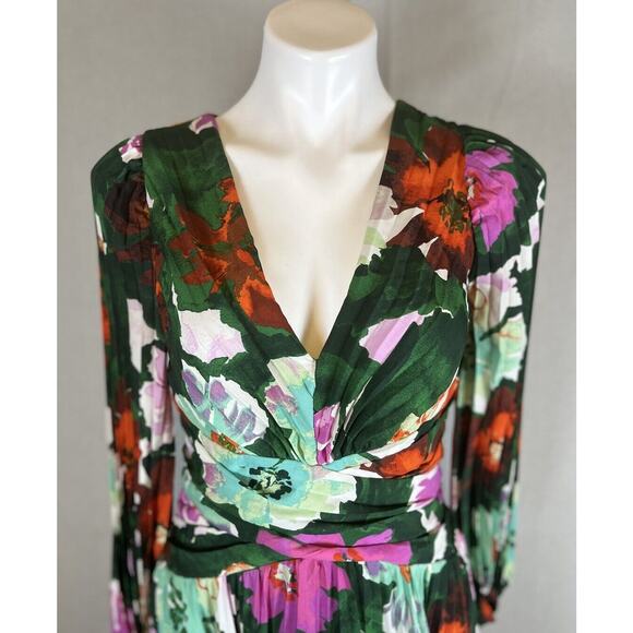 Anthropologie Size 6 Maeve Pleated Long Dress V Neck Green Floral Wedding Date - Picture 5 of 16